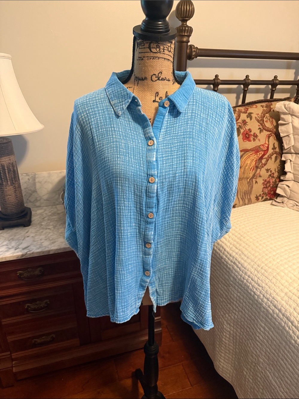 Zenana Outfitters Light Blue Button-Front Gauze Top